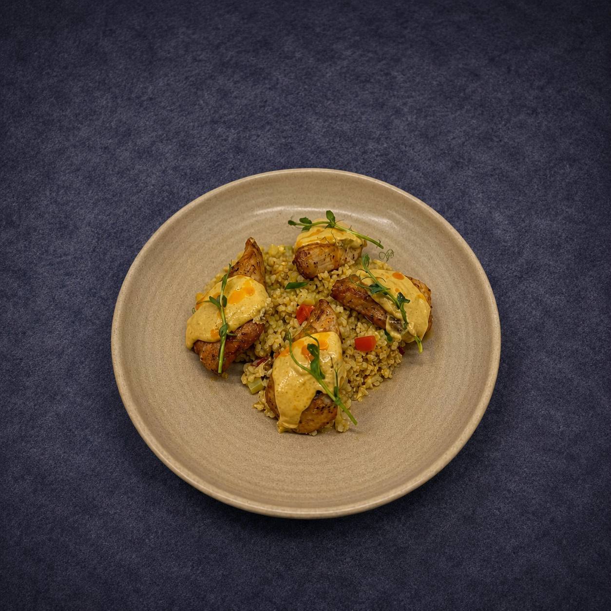 Куриный стейк с булгуром и овощами с соусом карри